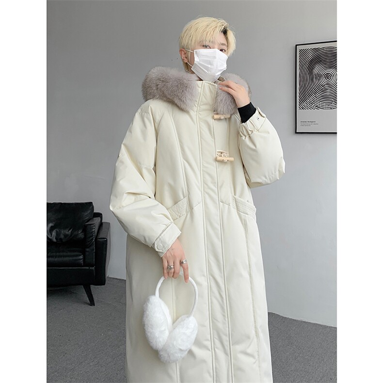 8XL-M90白鸭绒大毛领羽绒服男中长款过膝设计感牛角扣YRFC05P398，男装羽绒服，电商D206-1