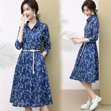 春秋新款纯棉印花衬衫式连衣裙拼花边立领七分袖文艺大摆裙，女装连衣裙，木橙西子