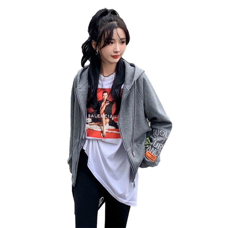 开衫卫衣拉链外套女2024春季新款韩版慵懒风连帽宽松大码外套女,女装短外套,MQ