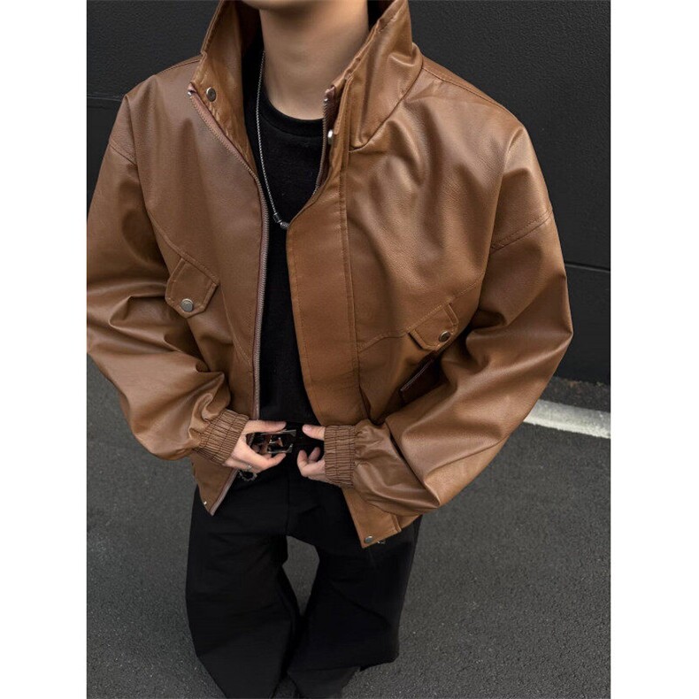 痞帅柔软羊皮纹男士PU皮衣休闲机车宽松皮夹克秋冬款外套PM052,男装夹克,星座1116A-1（原606A）