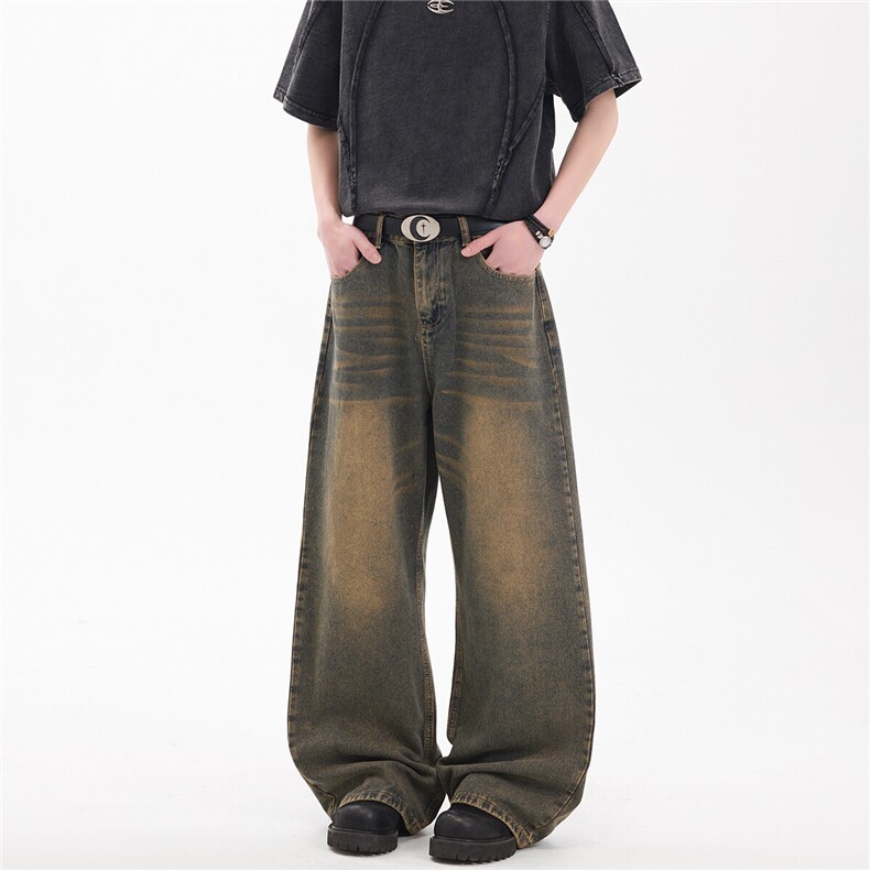 xz905-2-Z069#P65-（控98）美式高街怀旧阔腿水洗牛仔裤,男装牛仔裤,星座905-2