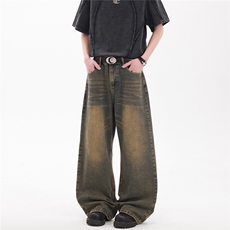 xz905-2-Z069#P65-（控98）美式高街怀旧阔腿水洗牛仔裤，男装牛仔裤，星座905-2