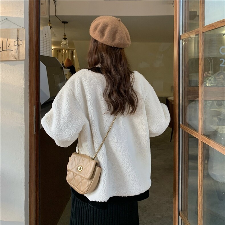 价仿羊羔毛外套女秋冬小香风宽松撞色气质长袖上衣潮,女装皮草,潮品会