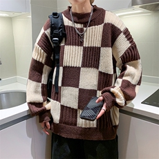 港风秋冬款男针织衫圆领套头毛衣棋盘格条纹拼接休闲外套M604P45，男装针织衫/毛衣，星座1013-1
