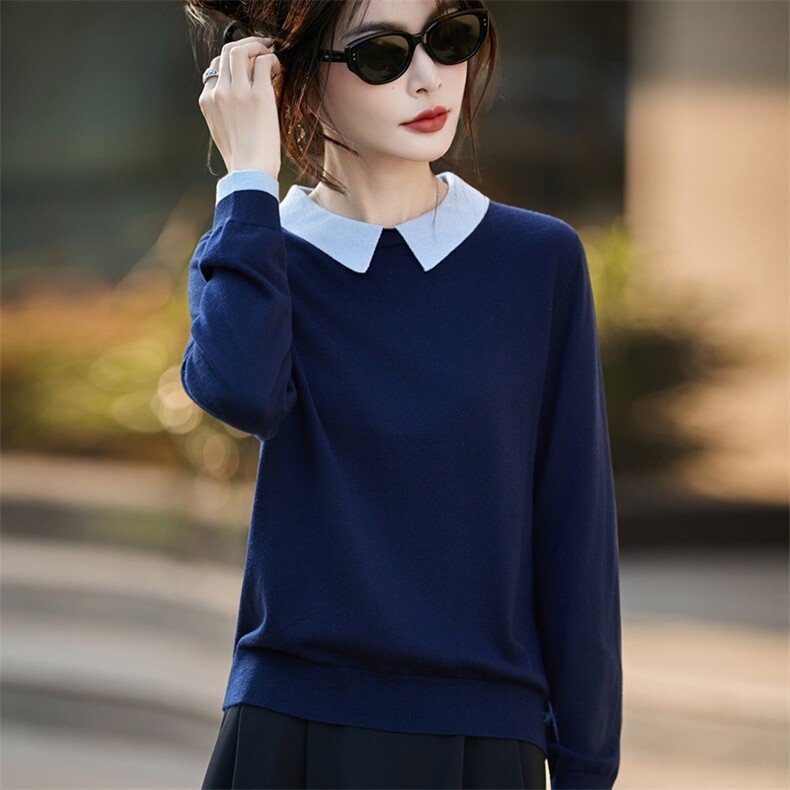 法式撞色假两件POLO领精仿细毛针织衫女2025新显瘦薄款打底毛衣，女装羊绒衫，暖烁羊绒