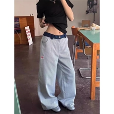 爱心刺绣美式复古竖条纹裤子女设计感小众休闲裤直筒垂感，男装休闲裤，星座506A