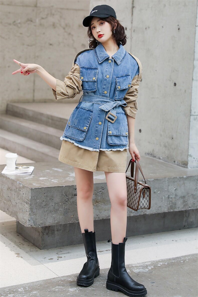 现货-牛仔拼接风衣女2024秋装新款韩版宽松中长款百搭港风外套，女装风衣，霓裳依族