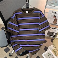 撞色条纹重磅圆领短袖t恤男款潮流休闲复古半袖上衣2269P45，男装T恤，星座410-2