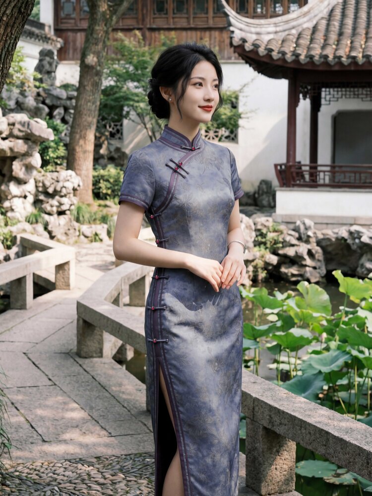 夏季新品时尚气质金丝提花弹力香云纱品质真丝喜庆中长款旗袍裙,女装汉服/婚纱/旗袍/礼服,媚琳依坊