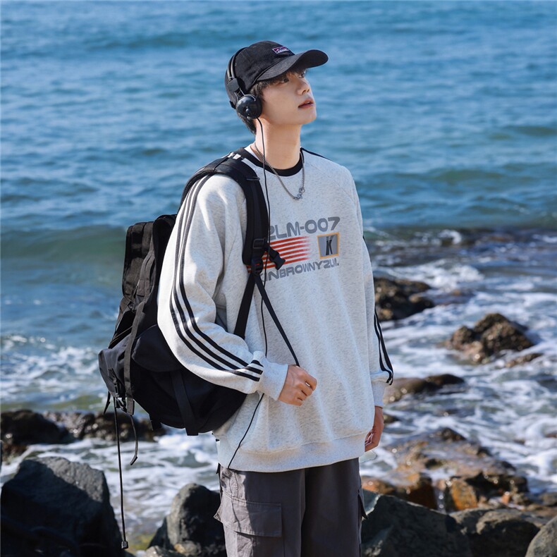 港风圆领字母印花图案设计袖子三杠织带潮流卫衣男WY77762P48控68，男装卫衣，星座226-1