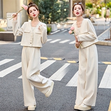 小香风时尚套装女2025春季新款休闲百搭显瘦超好看阔腿裤两件套，女装套装/套裙，美沁
