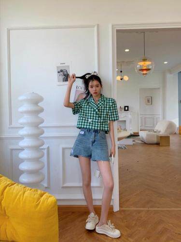 【现货】2021夏季新品百搭绿格子上衣，女装，blue face
