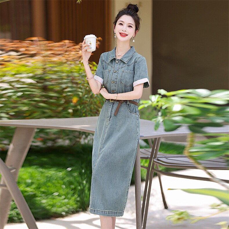 《48H发现货》韩版休闲开叉工装牛仔连衣裙，女装连衣裙，心心服饰