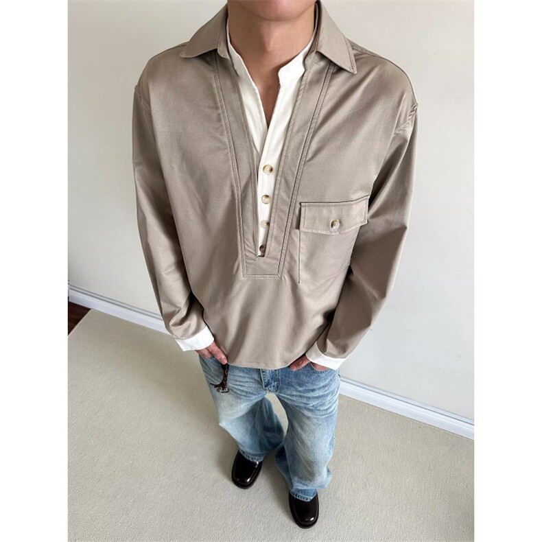 美式重磅长袖衬衫男春秋纯棉高级感休闲白色男生翻领衬衣，男装衬衫，星座506A