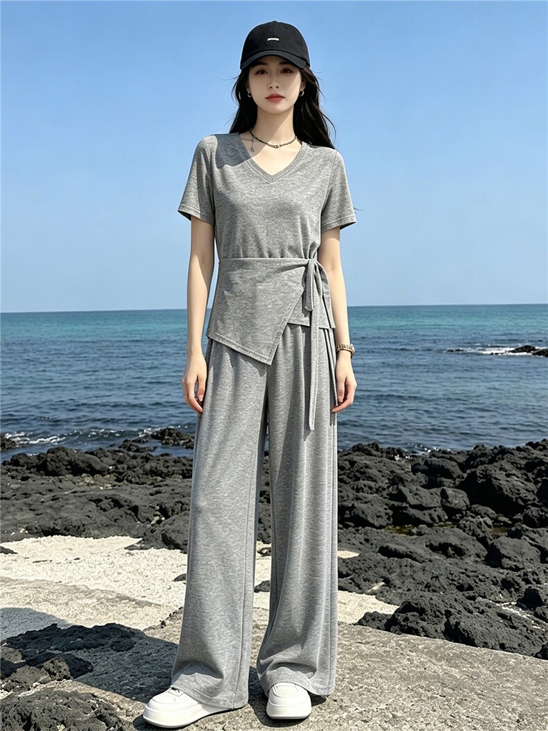 超好看韩版时尚套装女夏新款款蝴蝶结系带短袖上衣阔腿长裤两件套,女装套装/套裙,江南
