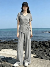 超好看韩版时尚套装女夏新款款蝴蝶结系带短袖上衣阔腿长裤两件套，女装套装/套裙，江南