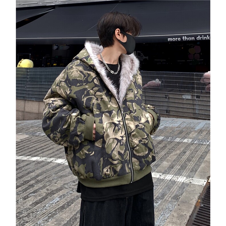 美式复古迷彩潮牌设计潮牌毛领外套棉服冬季加厚棉衣连帽棉服p108,男装棉衣,电商C307