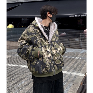 美式复古迷彩潮牌设计潮牌毛领外套棉服冬季加厚棉衣连帽棉服p108图片