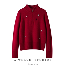 2025舒适百搭秋冬新款加厚半拉链带钻半高领羊绒衫，女装羊绒衫，朵暖羊绒