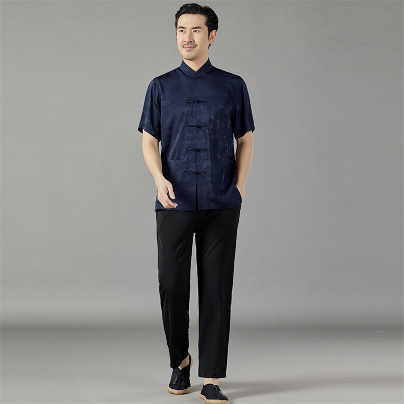 长年现货男士夏新款中年风唐装香云纱立体扣复古提花短袖套装，男装民族服装，钱塘723