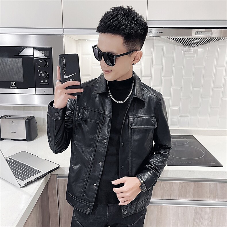 短款工装翻盖口袋皮衣男外套秋冬季男士皮夹克P9803-P115绒125,男装夹克,电商A368