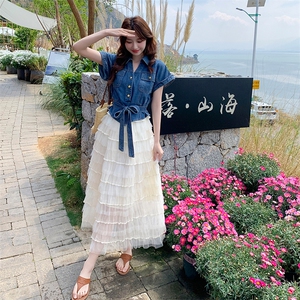 法式假两件牛仔拼接蛋糕连衣裙女2025夏新款超好看小个子过膝长裙图片