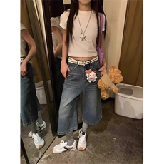 复古高街水洗牛仔裤子女夏季高腰直筒阔腿七分裤中裤-网图，男装牛仔裤，星座302B-2