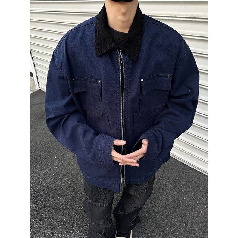 翻领外穿拉链春秋宽松型青少年藏蓝色底特律工装夹克  J3569 P90图片