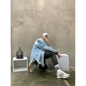 美式复古毛边牛仔夹克男女宽松长袖潮牌搭破洞衬衫外套W6605-P72图片
