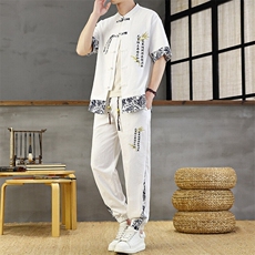 风印花男装夏短袖男复古开衫套装新款民族风一套，男装T恤，星座1206（原A206）