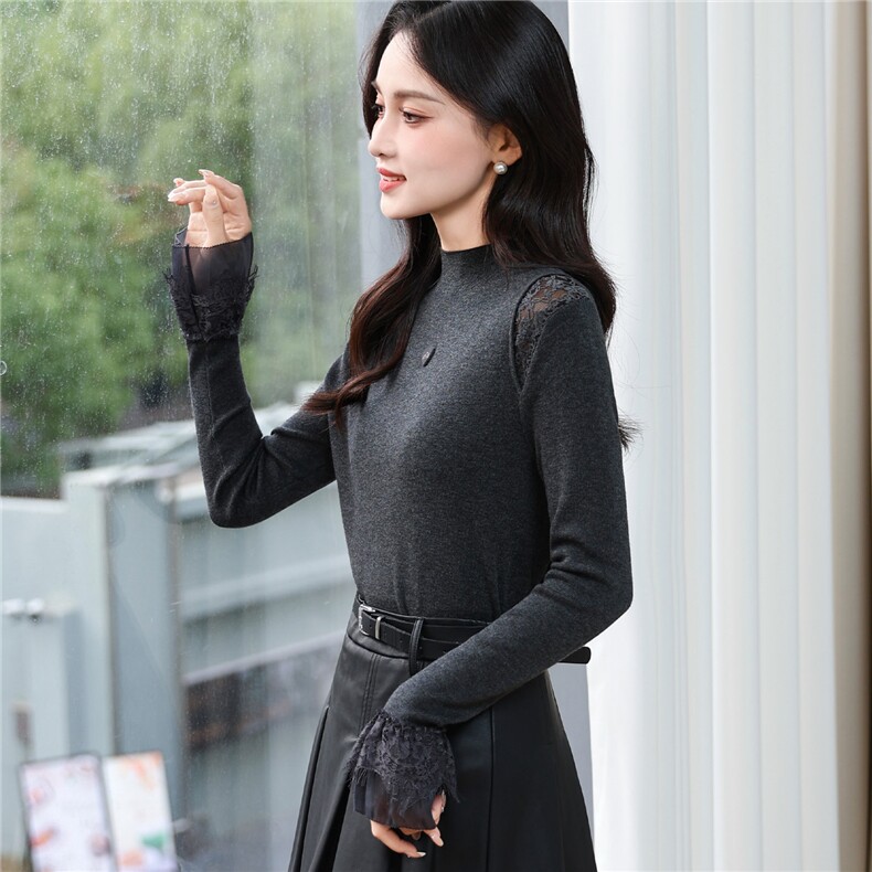 情花子轻熟优雅风蕾丝拼接针织衫女修身打底衫黑色长袖上衣,针织衫/毛衣,2C091