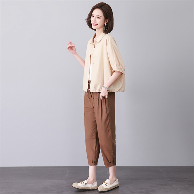 时尚棉麻套装女短袖衬衫+宽松大码棉麻裤,女装套装/套裙,3200格调