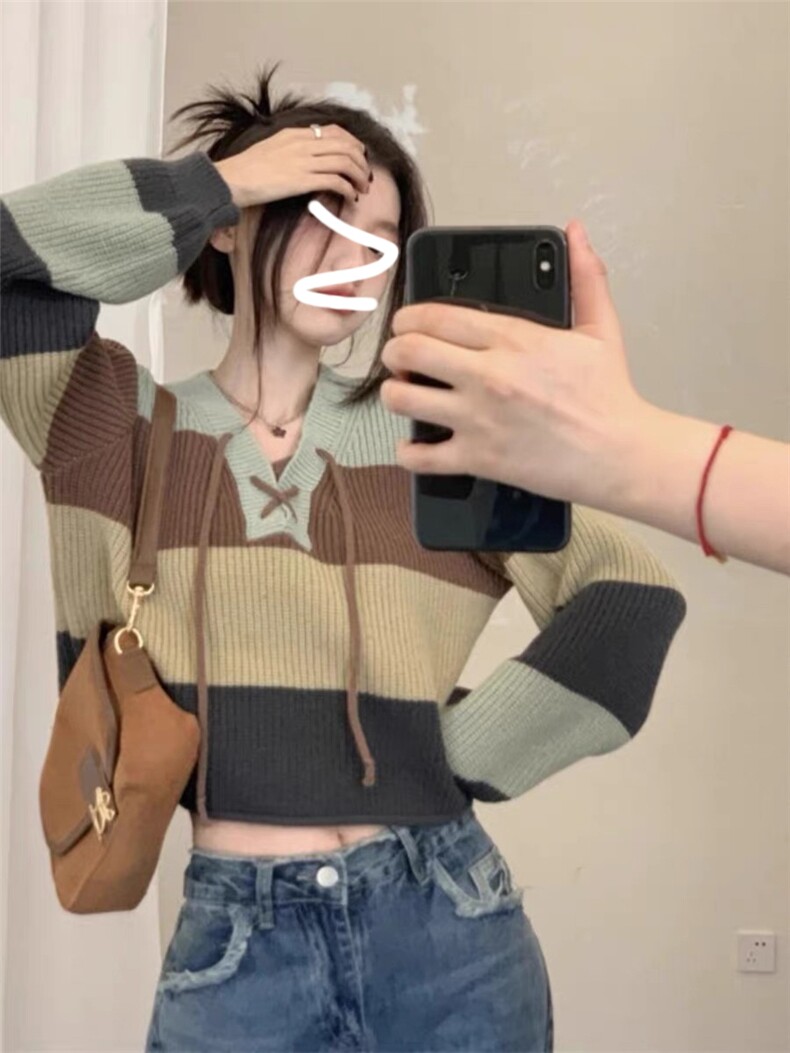 女士条纹撞色V领羊毛衫羊毛秋冬保暖柔软舒适,女装羊毛衫,千御纺羊绒