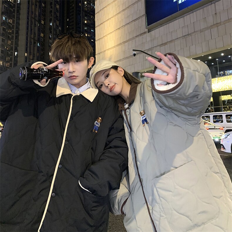 1港风情侣灯芯绒拼接连帽假两件小熊大码M-5XL棉衣8713P135控168，男装棉衣，星座226-2