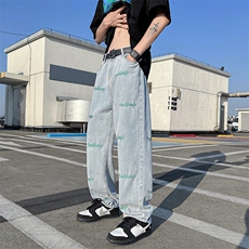 美式vibe裤子男高街ins潮牌浅色牛仔裤直筒春夏阔腿裤N01229-P43，男装牛仔裤，星座308B-1