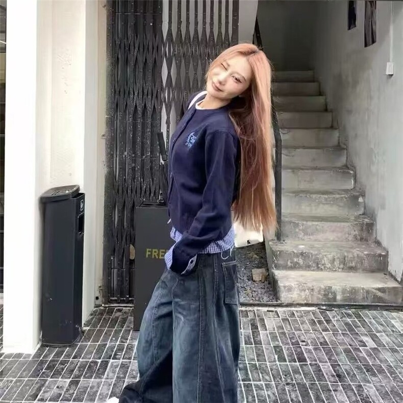 美式复古水洗弯刀牛仔裤女春秋款辣妹高街设计感宽松阔腿拖地裤子,男装牛仔裤,星座506A