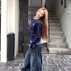 美式复古水洗弯刀牛仔裤女春秋款辣妹高街设计感宽松阔腿拖地裤子，男装牛仔裤，星座506A