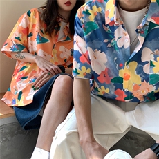 旅游短袖衬衫夏季宽松情侣装外套潮流ins港风休闲沙滩花衬衫女，女装衬衫，电商C306-1