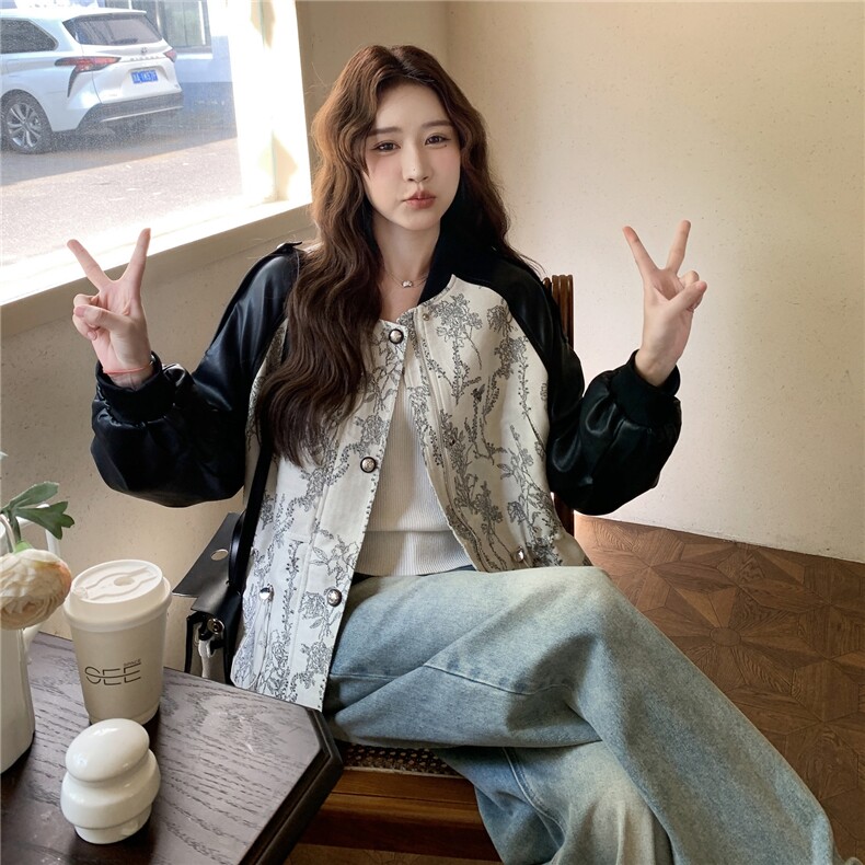 拉链中式纽扣棒球服常规女秋季短款时尚外套小众韩版春秋牛仔时尚,女装皮衣,2C057