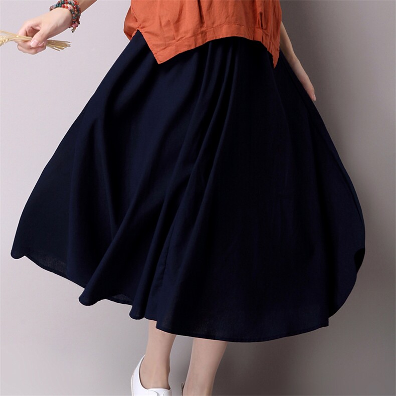 纯色麻中腰2021年夏季中裙褶皱半身裙，女装半身裙，独衣靓