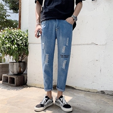 2021春季九分牛仔裤男裤子破洞潮流小脚修身显瘦9分裤男p30，男装牛仔裤，星座410-6（原星座1304-1）