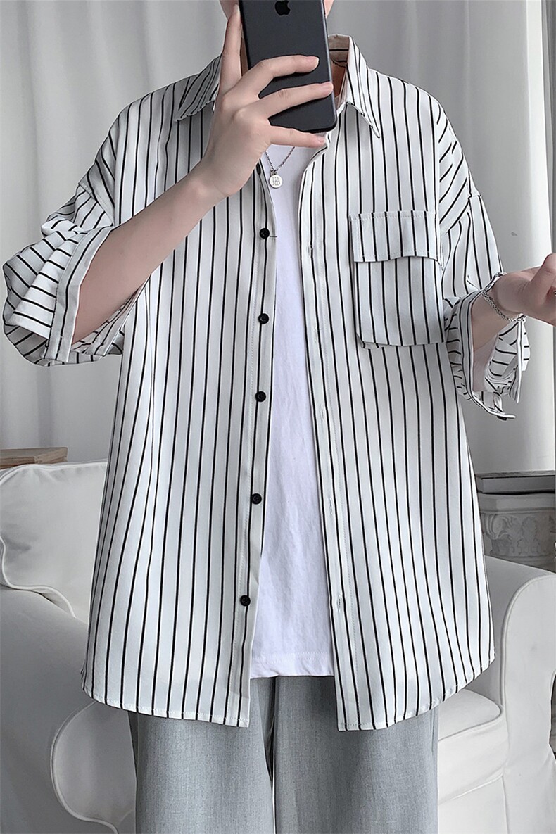 C2037/P35夏季条纹工装短袖衬衣男士宽松衬衫五分袖潮大码上衣男,男装衬衫,电商A141