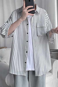 C2037/P35夏季条纹工装短袖衬衣男士宽松衬衫五分袖潮大码上衣男图片