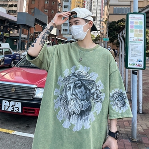 B239-X1005-P38 美式复古水洗做旧 人物印花 短袖T恤图片