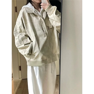 219-P70 2025春季新款韩版时尚百搭斜拉链立领宽松冲锋衣外套女图片
