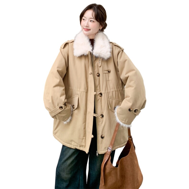现货：冬季新款毛绒拼接休闲保暖中长款派克服2C135-8957P285K428,女装派克服,2C135