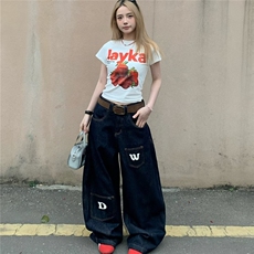 青少年设计感字母印花阔腿牛仔裤男女美式hiphop裤子立体裁弯刀裤，男装牛仔裤，星座1210-1