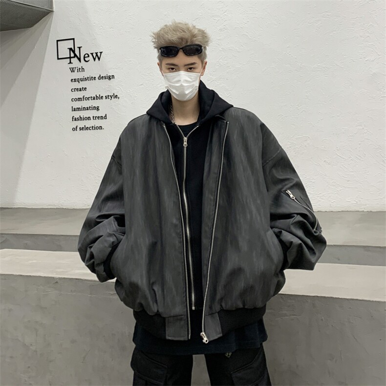 美式复古棒球服男春秋季宽松休闲连帽pu皮纹理夹克外套JK9306-P85图片