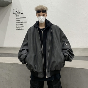 美式复古棒球服男春秋季宽松休闲连帽pu皮纹理夹克外套JK9306-P85图片
