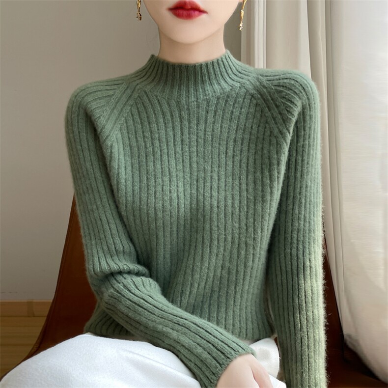 25秋冬100%纯羊毛衫女一线成衣坑条半高领加厚毛衣宽松羊绒衫上衣,女装羊毛衫,九嘉羊绒